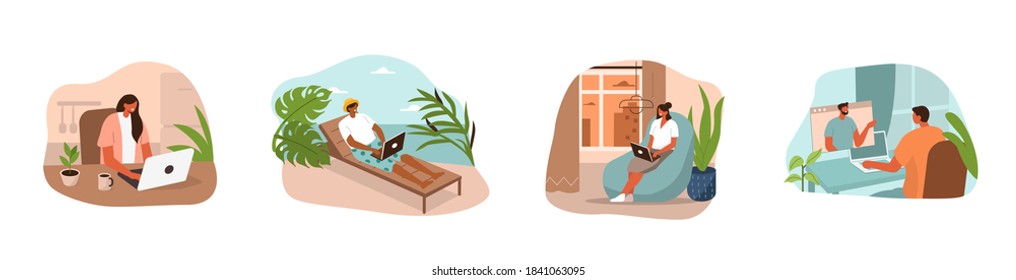 People Working at Home. Man and Woman using Smartphones and Laptops. They Chatting, Talking by Video Call with Colleagues, Family and Friends. Characters Set. Flat Cartoon Vector Illustration.