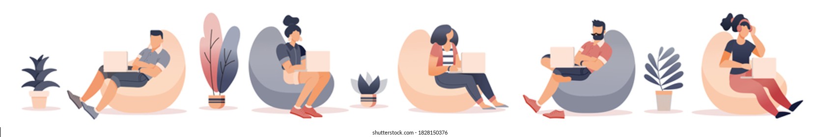 People working at home office, Flat style cartoon faceless character. Lifestyle, self isolation, freelance, pandemic concept. Minimal vector illustration set.