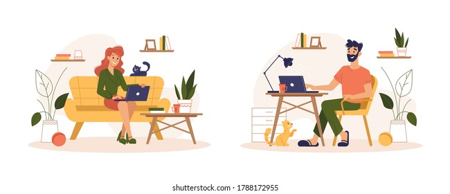 People working at home office, freelance home work online, vector flat illustration. Man and woman working at home sitting at computer table and sofa with laptops, freelancer workers