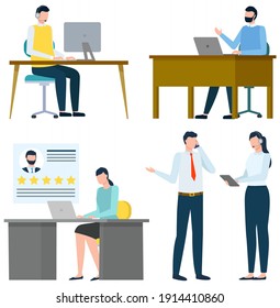Gente trabajando en casa u oficina vectorial, hombre aislado y mujer jefe hablando por teléfono y secretaria mirando la pantalla de la tableta. Soporte para clientes, revisión de candidatos, estrellas de clasificación en laptop a bordo