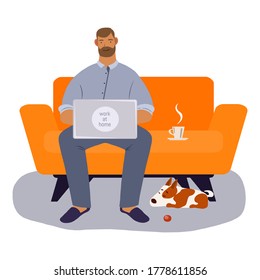 People working at home in quarantine concept. Freelance man sitting on sofa with cup of tea and working on laptop or computer at his house. Vector flat style illustration.