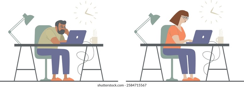 People working from home, remote job, online education, cozy home office, productivity, modern workspace. Isolated Flat vector illustration
