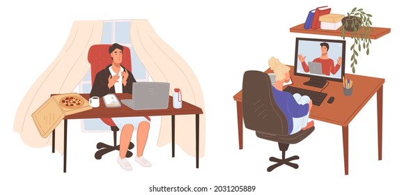 People working from home using laptops and computers, workers having business conference or meeting. Internet connection and ability to communicate in distance. Vector in flat style illustration