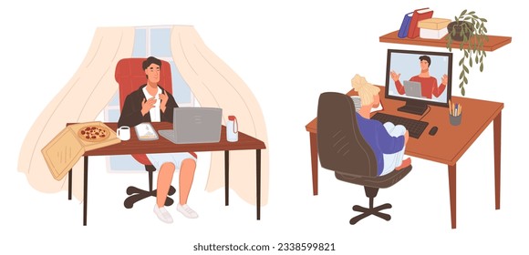 People working from home using laptops and computers, workers having business conference or meeting. Internet connection and ability to communicate in distance. Vector in flat style illustration