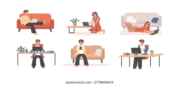 People working from home in various comfortable positions. Remote working people. Work activity. 