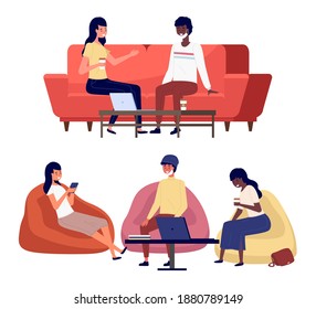 People are working at home vector illustration. Characters sitting in bag chair and on couch. Friends isolated on white background. Freelancers are communicating. Hipsters are resting at home