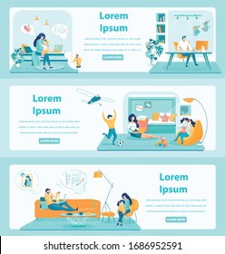 People Working from Home Web Banner Templates Set. Tired Woman on Maternity Leave Looking after Kids. Working Mother Lifestyle Promo Homepage Design. Freelancer Helping Wife Take Care of Toddlers