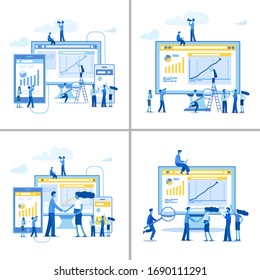 La gente está trabajando para aumentar los beneficios de la ilustración vectorial del concepto de diseño de páginas web y desarrollo de sitios web móviles, las personas pequeñas están trabajando en la creación de un sitio web.