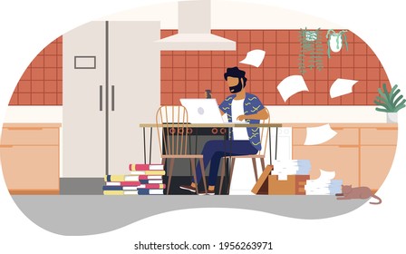 people working in kitchen in minimal design style with pantry area in background. Working from home due to covid corona virus 2019 outbreak