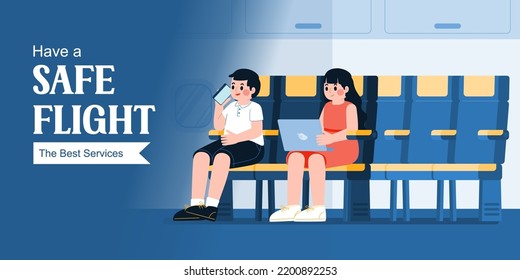 People Working With Labtop And Talk To Mobile Phone In Airplane, Vector, Illustration