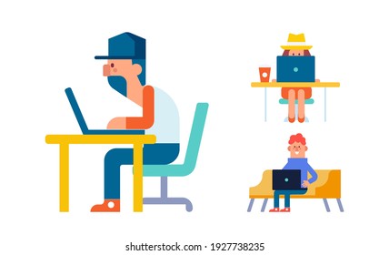 People working Laptop cartoon illustration. Man and woman
