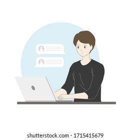 People working with laptop. Chatting with the other. Hand draw thin line style. Vector illustration.