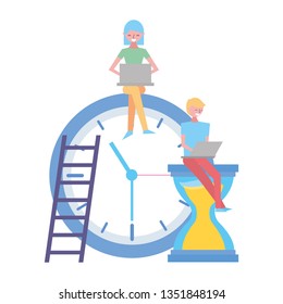 people working with laptop clock