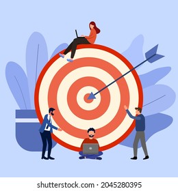 People working with laptop or communications. Target marketing. Achieve goal. Business strategy. Work planning. Ads and retargeting.