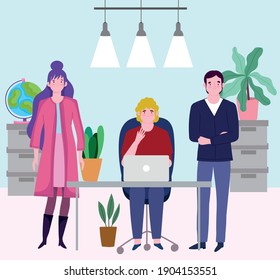 people working with laptop office desk cabinet and plants vector illustration