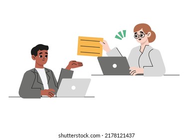 People working with laptops and computers at modern office desks. Male and female employees at workplaces. Colored flat vector illustration of busy men and women isolated on white background