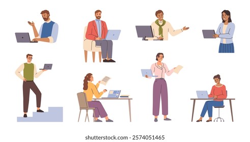 People working with laptops and computers. Vector isolated designers and developers at working place. Smiling male and female characters in office and at remote work, freelancing outdoors