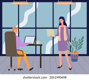 People working with laptops at workplace. Employees sitting with digital technology, performing tasks. Company workers communicate at work. Teamwork, work planning, co working in office concept