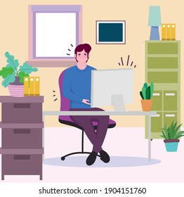 personas trabajando, hombre trabajando en la computadora en la ilustración del vector de oficina