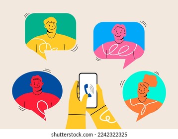 People working or meeting online with teleconference, work from home. Colorful vector illustration
