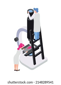 People working with microscope in laboratory of chemistry 3d isometric icon vector illustration