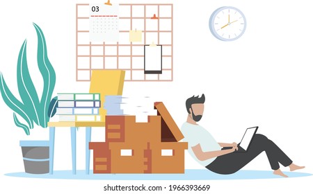 people working in minimal design style home area in background. Working from home due to covid corona virus 2019 outbreak