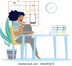 people working in minimal design style home area in background. Working from home due to covid corona virus 2019 outbreak