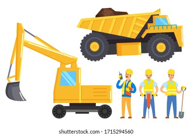 Gente trabajando en la industria minera. Tres hombres, mineros, se paran cerca del coche con crudo y bulldozer. Vehículos industriales amarillos utilizados para transportar tierra o cantera excavadora. Ilustración del vector en estilo plano