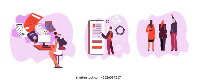 People working with mobile devices and screens, illustrated in a flat cartoon style. The vector image is isolated on a white background.