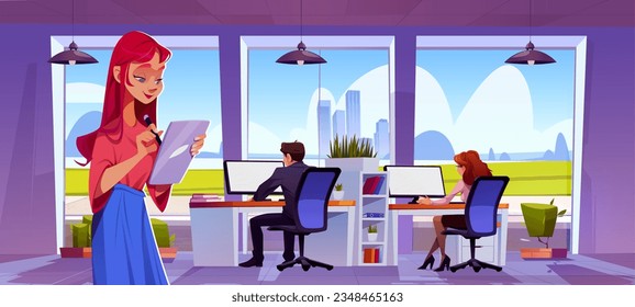 People working in modern company office with large windows. Vector cartoon illustration of busy male and female characters sitting at computer desks, making notes on tablet. Business personnel at work