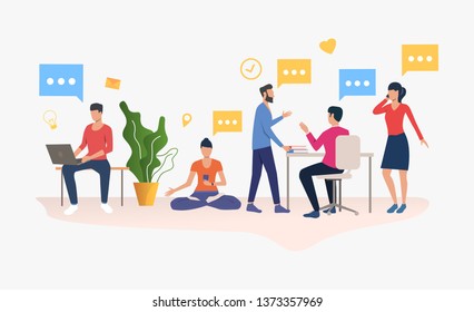 People working in modern office. Workplace, worker, technology concept. Vector illustration can be used for topics like business, communication, coworking space