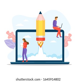 People working near a big laptop and pencil rocket taking off. Flat vector illustration