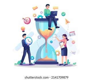 People are working near a giant hourglass. Business project time limit or Deadline. Time Management concept. Flat style vector illustration