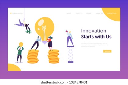 People Working New Project Concept Landing Page. Creative Idea for Startup with Lightbulb. Financial Business New Idea Money Growth Website or Web Page. Flat Cartoon Vector Illustration