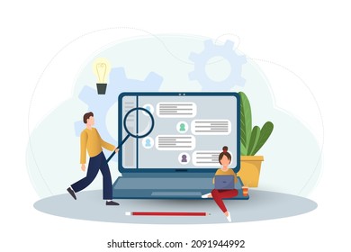 People working with notebook chatting in the internet, online work concept, team comunication concept, flat vector illustration
