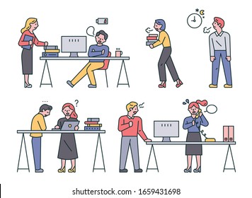 People working in the office. Another tired and exhausted Bosses upset because of poor employees. flat design style minimal vector illustration.