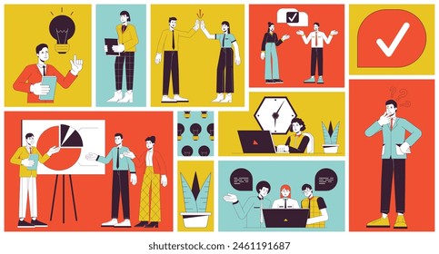 Menschen, die in Office Bento Grid Illustrationssatz arbeiten. Firmenteam. Corporate Sound Job 2D Vektorgrafik Bild Collage Design Graphics Kollektion. Mitarbeiterengagement flache Zeichen Moodboard-Layout