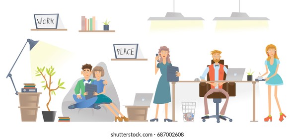 The people working in the office or coworking center. The boss is sitting at the table behind the laptop. Vector illustration, isolated on white background.