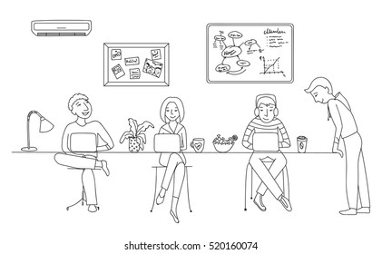 People working in an office, coworking space vector illustration, flat thin line style