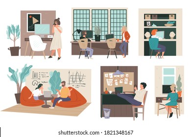 Personas que trabajan en la oficina del hogar, lugar de trabajo de estudiantes, trabajadores de la informática, detective o gerente de smm. Carácter ocupado con tareas, interior de habitación contemporánea. Diseño de la casa moderna, vector de estilo plano
