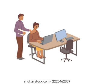 People working in office, isolated employee sitting by desk typing in computer. Boss or manager with document asking and interacting. Vector in flat cartoon style