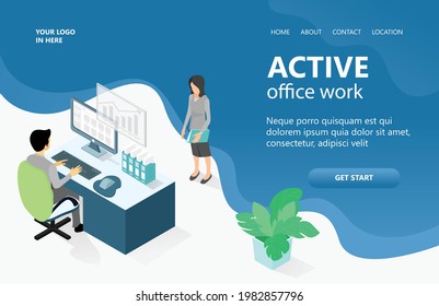 People working in an office, a man sitting in front of a computer and a woman or secretary with a job report in hand, vector isometric illustration design
