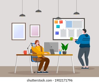 People working in the office. A man stands near a board with announcements. Woman with glasses sits at a laptop and works. Colleagues spend time and work together. Staff work in the office concept