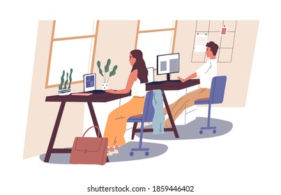 Gente trabajando en la oficina. Hombre y mujer sentados en escritorios con laptop y computadora. Lugar de trabajo con interiores modernos. rutina diaria. La vida de compañía cotidiana. Ilustración de vector plana colorida