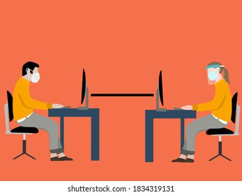 People working in an office with the new normal and social distancing, wearing face masks