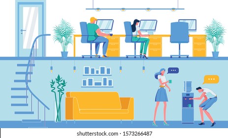 People Working at Office on Two Floors Flat Cartoon Vector Illustration. Man and Woman Sitting at Desks and Working on Computers. Casual Male and Female Characters Pouring Water from Cooler.