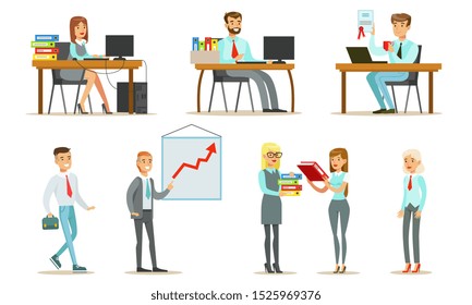 People Working in the Office Set, Male and Female Business Characters Sitting at Desks and Standing, Office Work Occupation Moments Vector Illustration