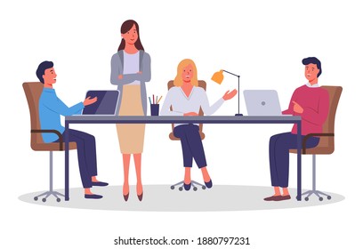 Gente trabajando en la oficina sentada en la mesa, resolviendo problemas, trabajando colectivamente en un proyecto empresarial. Reunión de trabajo en equipo, reunión de oficina, reunión de negocios. Comunicar a los colegas en el trabajo