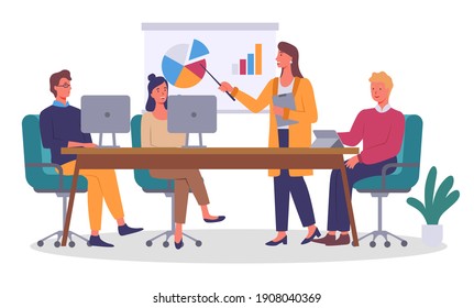 People working in office sitting at table, collective working at business project. Teamwork brainstorming, office meeting, businessmeeting. Woman worker with pointer show graphical analytics, charts