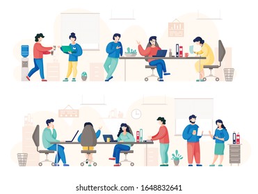 Gente trabajando en el cargo hablando con sus colegas. Hombre y mujer discutiendo el trabajo en la pausa para el café. Colegas o empleados que se comunican en el lugar de trabajo. Lugar de trabajo con ilustraciones vectoriales de equipos en plano